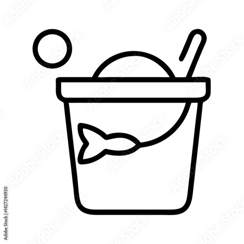 Minimalist line icon of bucket with ball, fish and scoop, black outline on white background, beach toy and summer playtime symbol