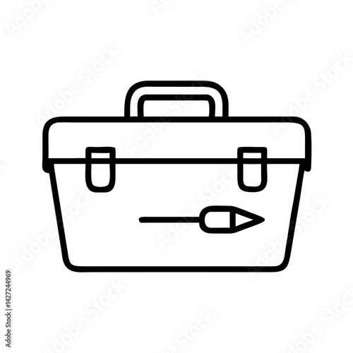 Minimalist line icon of fishing tackle box with handle and lure symbol, black outline on white background, angling storage and gear case