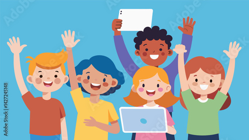 A group of children raised their hands in excitement as they took turns using a tablet to answer questions in a virtual quiz game.. Vector illustration