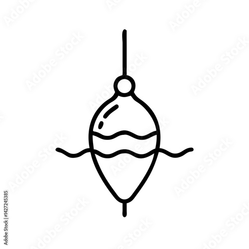 Minimalist line icon of fishing float on water surface, black outline on white background, angling accessory and sport fishing equipment symbol