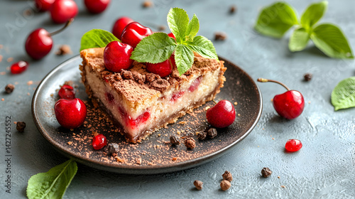 Delicious Cherry Cake Slice with Mint on Slate Background