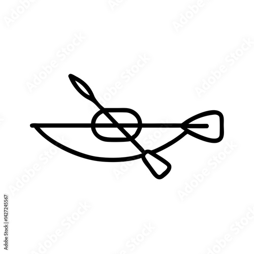 Minimalist line icon of kayak with paddle crossed on top, black outline on white background, water sport and outdoor adventure symbol