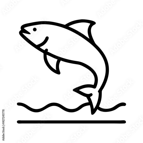 Minimalist line icon of fish jumping out of water, black outline on white background, fishing, nature and aquatic life symbol