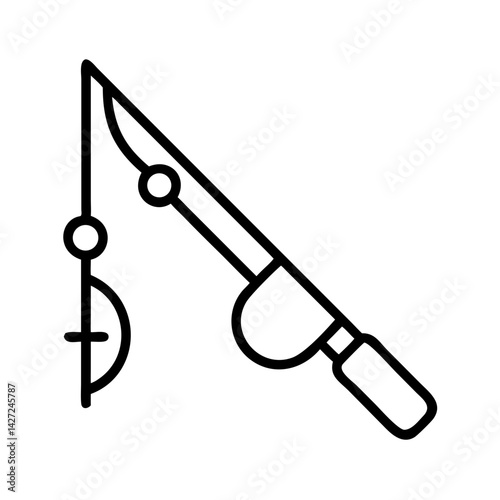 Minimalist line icon of fishing rod with hook and reel, black outline on white background, outdoor hobby and recreational fishing symbol