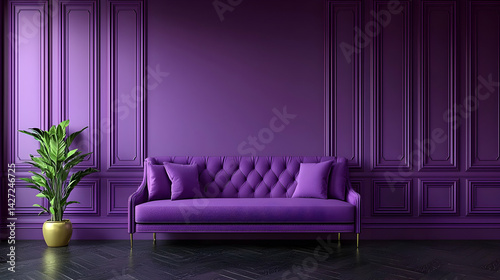 Elegant Purple Living Room with Stylish Couch and Green Plant