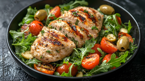 Obraz na płótnie Grilled Chicken Salad with Fresh Greens and Colorful Vegetables w salonie