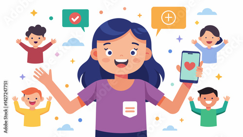 A girl excitedly showing her friends a new app she discovered boasting about its features and usefulness.. Vector illustration