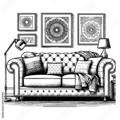 Sofa engraving black and white outline. Scratch board imitation.  illustrated in vintage line art style on a white background.