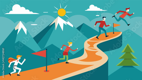 In this ultimate test of endurance athletes must navigate treacherous trails steep inclines and unpredictable weather to reach the finish line.. Vector illustration