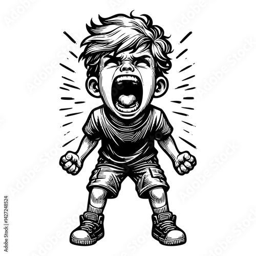 Young boy scream sketch engraving black and white outline. Scratch board imitation.