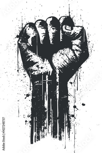 A bold black and white illustration of a raised fist symbolizing power and solidarity.