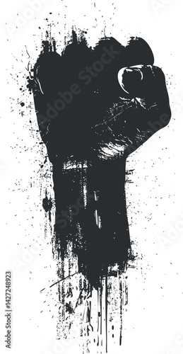 A powerful black fist symbolizing protest and solidarity with grunge effects and artistic flair.