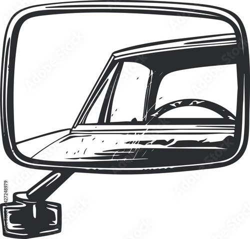 Illustration of a car side view mirror showing a reflection of the vehicle interior.
