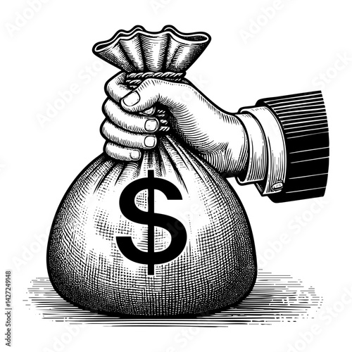 Hand holding sack of money engraving black and white outline. Scratch board imitation.