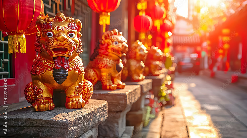 Fototapeta premium Vibrant Golden Lions in a Traditional Asian Alleyway at Sunset