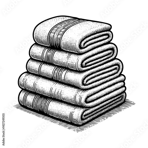 A stack of neatly folded towels sketch engraving black and white outline. Scratch board imitation.  illustrated in vintage line art style on a white background.