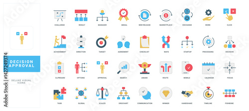 Decision approval, choice of way and direction, challenge focus, agreement color icon set. Ticks approve list options and certified document, task and result, communication flat vector illustration
