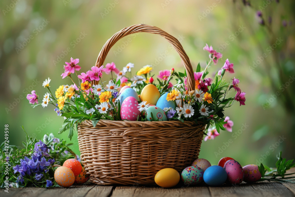 Easter basket brimming with colorful eggs and flowers sits on bright grass, symbolizing joy and new beginnings during the festive season. Easter basket brimming with colorful eggs and flowers sits on bright grass, symbolizing joy and new beginnings during the festive season.