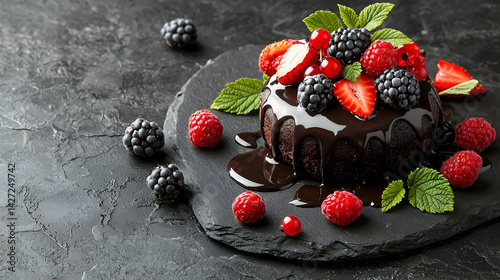 Chocolate Cake with Berries and Mint Leaves on Dark Slate Surface