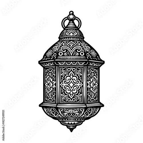 Retro lantern engraving black and white outline. Scratch board imitation.  illustrated in vintage line art style on a white background.