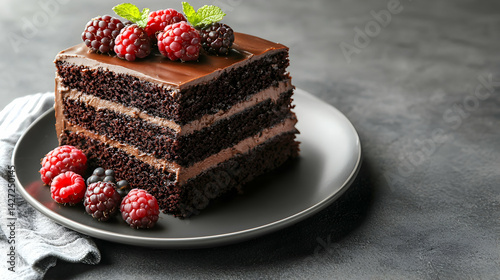 Delicious Chocolate Cake Slice with Raspberries and Mint Leaves