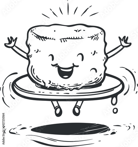 A cheerful cartoon biscuit character joyfully bouncing on a plate in a playful manner.
