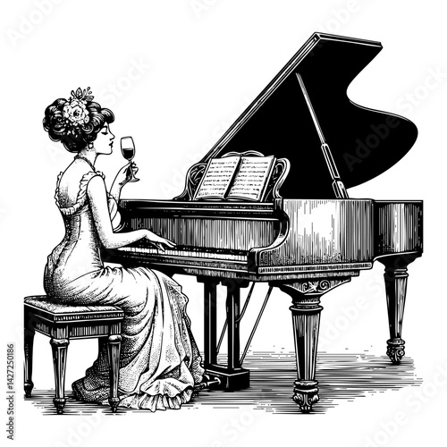 Woman playing grand piano engraving black and white outline. Scratch board imitation.  illustrated in vintage line art style on a white background.