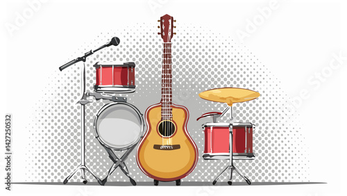 Halftone Music Instrument Set � Retro grunge guitar/drums, poster design elements