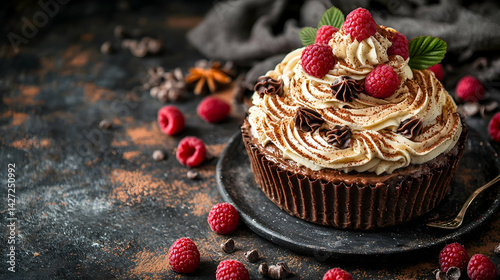 Decadent Chocolate Cake Topped with Raspberries and Cream Swirls