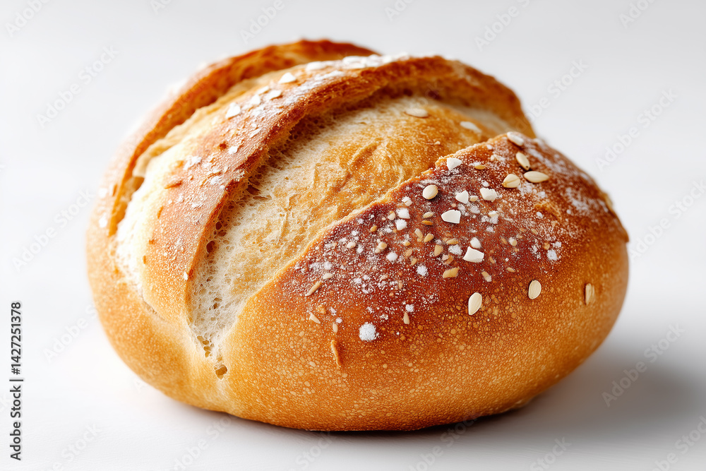 Round wheat loaf sits on white backdrop showcasing soft crust and sesame seeds. Clean, minimalistic style emphasizes the baked texture. Concept of bakeries, cafes, food styling Round wheat loaf sits on white backdrop showcasing soft crust and sesame seeds. Clean, minimalistic style emphasizes the baked texture. Concept of bakeries, cafes, food styling