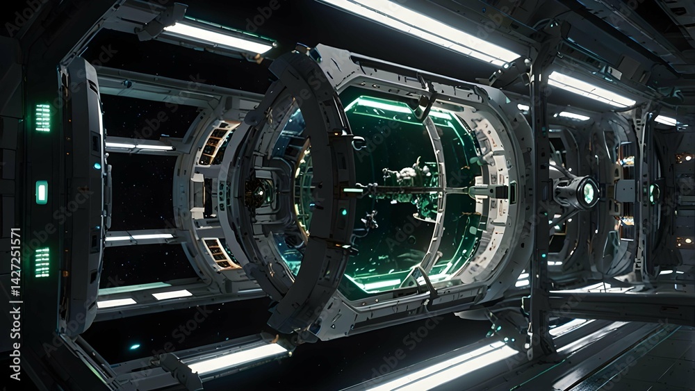 Fototapeta premium Futuristic Space Station Interior Green Glowing Windows