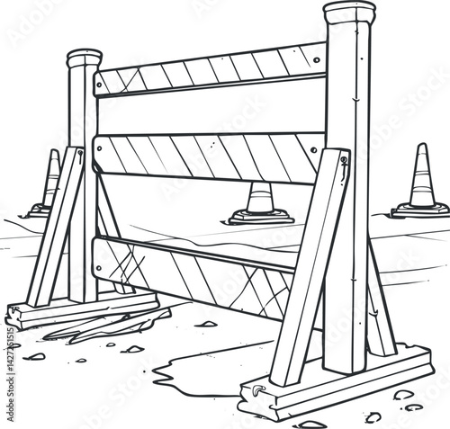 A simple line drawing of a construction barricade with warning cones indicating roadwork.