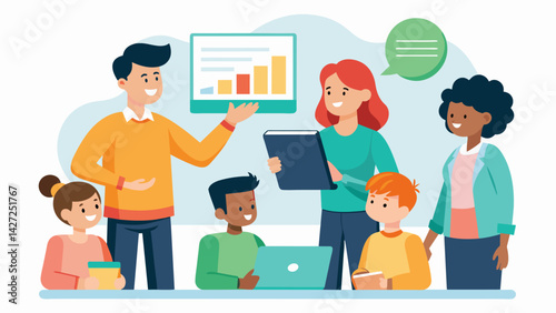 A team of students presenting their research on the effects of screen time on mental health to their schools parentteacher association urging for. Vector illustration