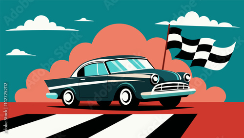 In a cloud of exhaust a black and white checkered flag waves as a 1950s Chevy Bel Air speeds past the finish line in the vintage car rally.. Vector illustration