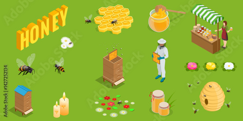 Isometric set icons of beekeeper inspecting a hive, honey jars on market stand, bees flying, honeycombs, flowers and the word HONEY in bold 3D letters a full honey production process.