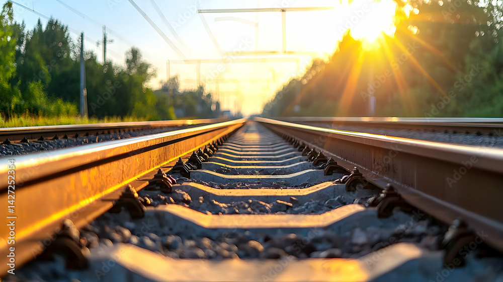 Fototapeta premium Empty Railroad Tracks At Sunset