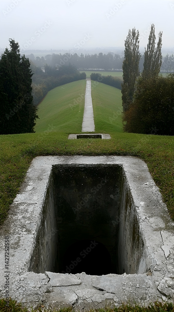 Fototapeta premium Hilltop path, park, autumn, misty landscape, aerial view, nature, travel