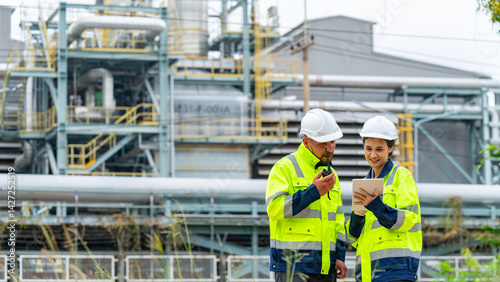 Petrochemical factory industry engineer teamwork meeting discussion at petroleum oil refinery plant. Industrial engineering technician working and maintenance manufacturing energy power gas system.