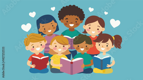 Even though they are not physically in the same room the children form a strong bond through their shared love for books and stories.. Vector illustration