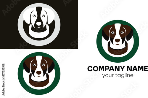 Variations of a dog logo design with circle and company name and tagline on a white background