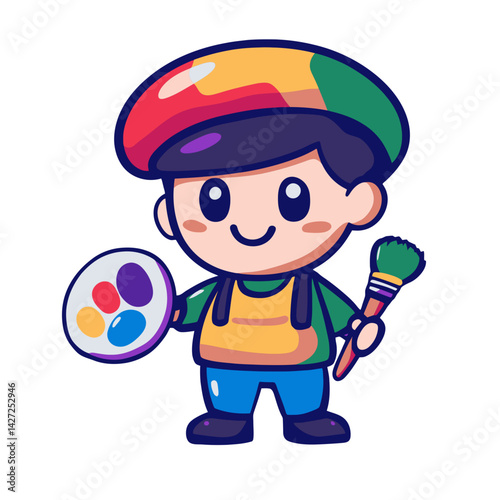Colorful cartoon artist character holding a paint palette and brush in a playful style for creativity promotion