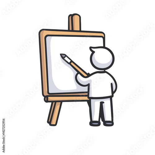 Simple cartoon character painting on an easel in a creative and artistic environment