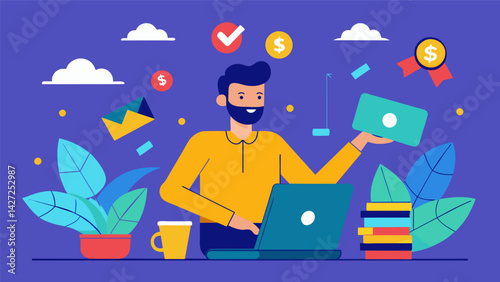 A graphic designer taking on freelance projects to help pay off their debt but feeling conflicted about compromising their creative vision for. Vector illustration