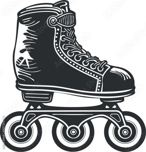 A detailed black and white illustration of a roller skate with three wheels.