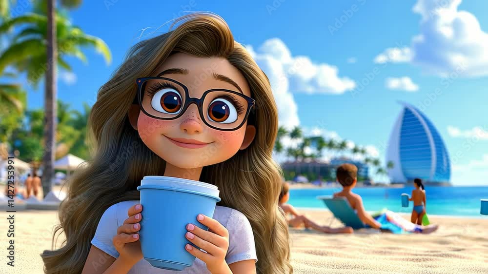 Descripcin  Chica rubia de  aos en la playa, usando lentes y disfrutando de una charla alegre con sus amigas bajo el sol.