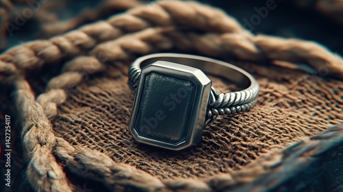 Silver signet ring placed gently on rough hemp fabric, rustic tones and handmade vibe
