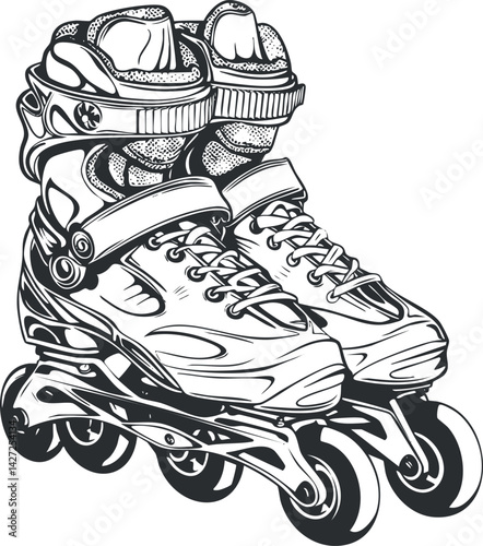 Illustration of a pair of inline skates designed for recreational skating and fitness activities.