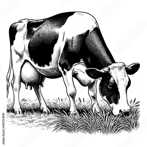 Dairy cow sketch engraving black and white outline. Scratch board imitation.  illustrated in vintage line art style on a white background.