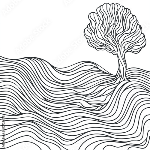 Abstract line art featuring a solitary tree amidst flowing waves in a minimalist style.
