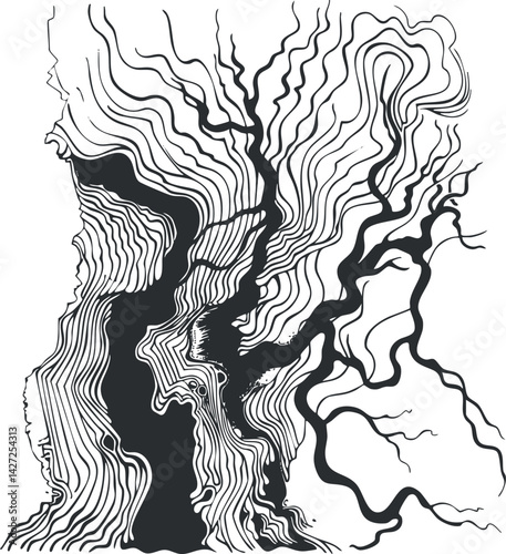 Abstract design featuring intricate black and white lines creating a flowing organic pattern.